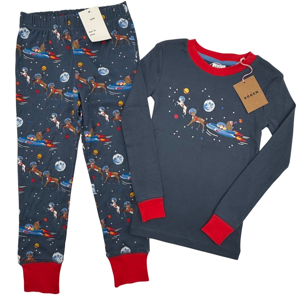NEW Mini Boden Kids 5Y Space Reindeer 2-Piece Set Pajamas Blue Red Long‎ Sleeve